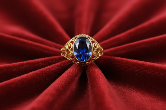 Blue Stone Golden Ring on luxury red cloth